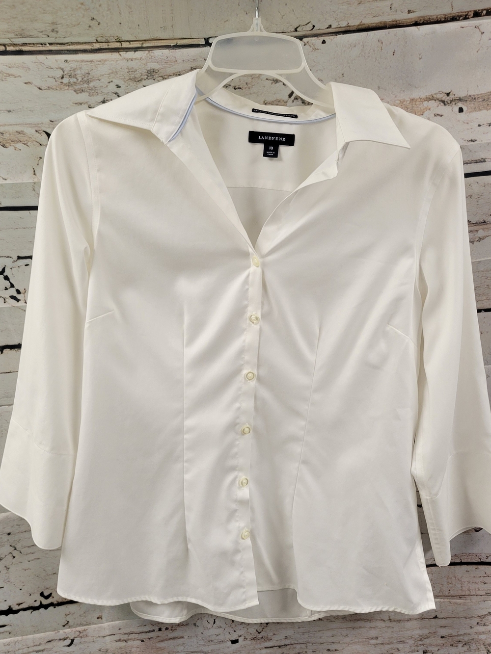 Lands' End No Iron Pinpoint Oxford White Button Front Blouse Size 10
